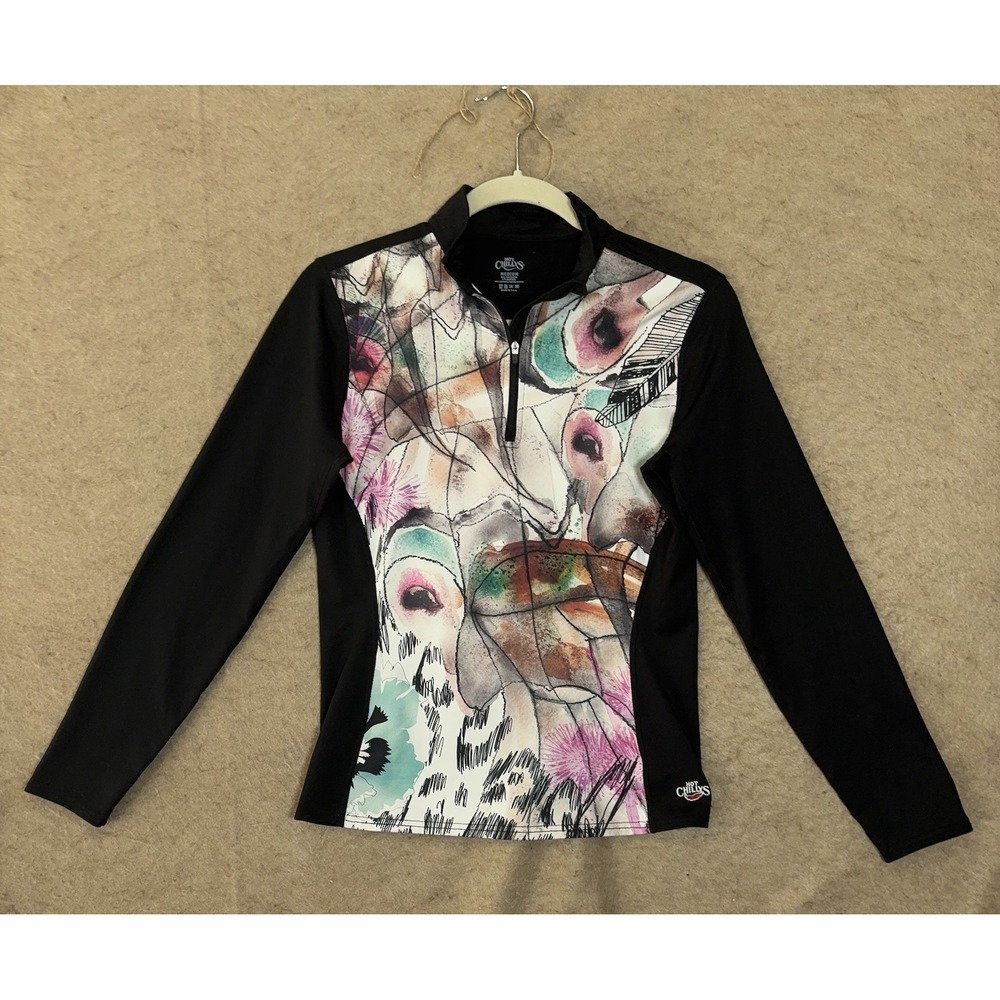 Hot Chillys 1/4‎ Zip Pullover Womens Sz M Black Abstract Art Stretch Base Layer